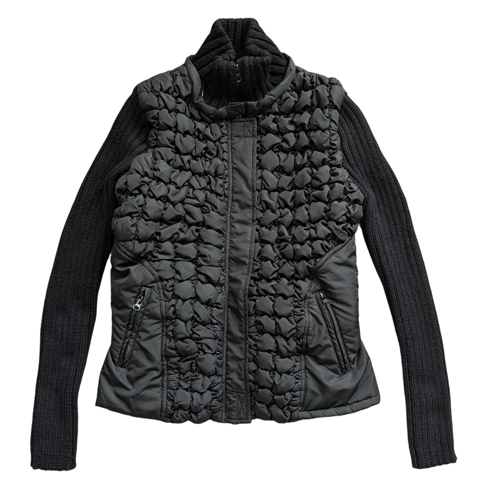 CLK Black Mixed Media Quilted Cinch Waist Front Knit Sleeve Jacket Size S/M